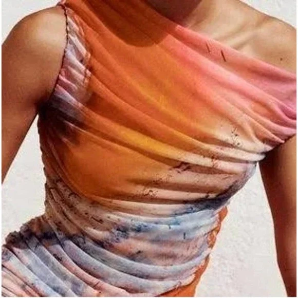 Zara Watercolor Print Tulle Sleeveless Mini Dress Medium Pink Orange Blue - Picture 9 of 10